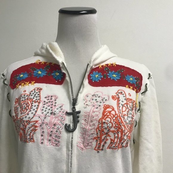 Joystick Johnny Was crystal dove cream red applique embroidered zip hoodie L - Picture 5 of 13